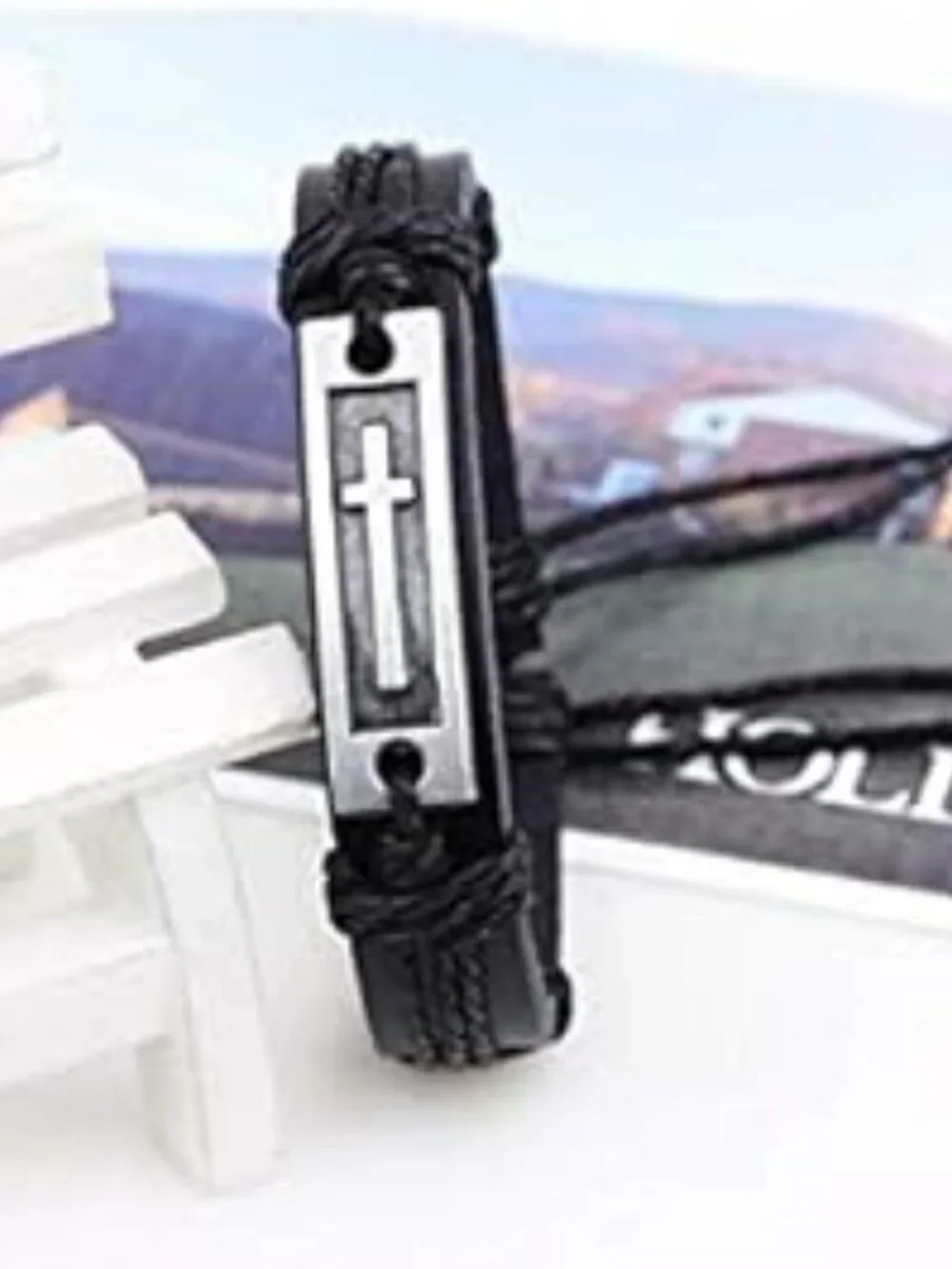 NEW Metal Cross with Leather‎ Bracelet Alloy Religious Jewelry for Women or Men